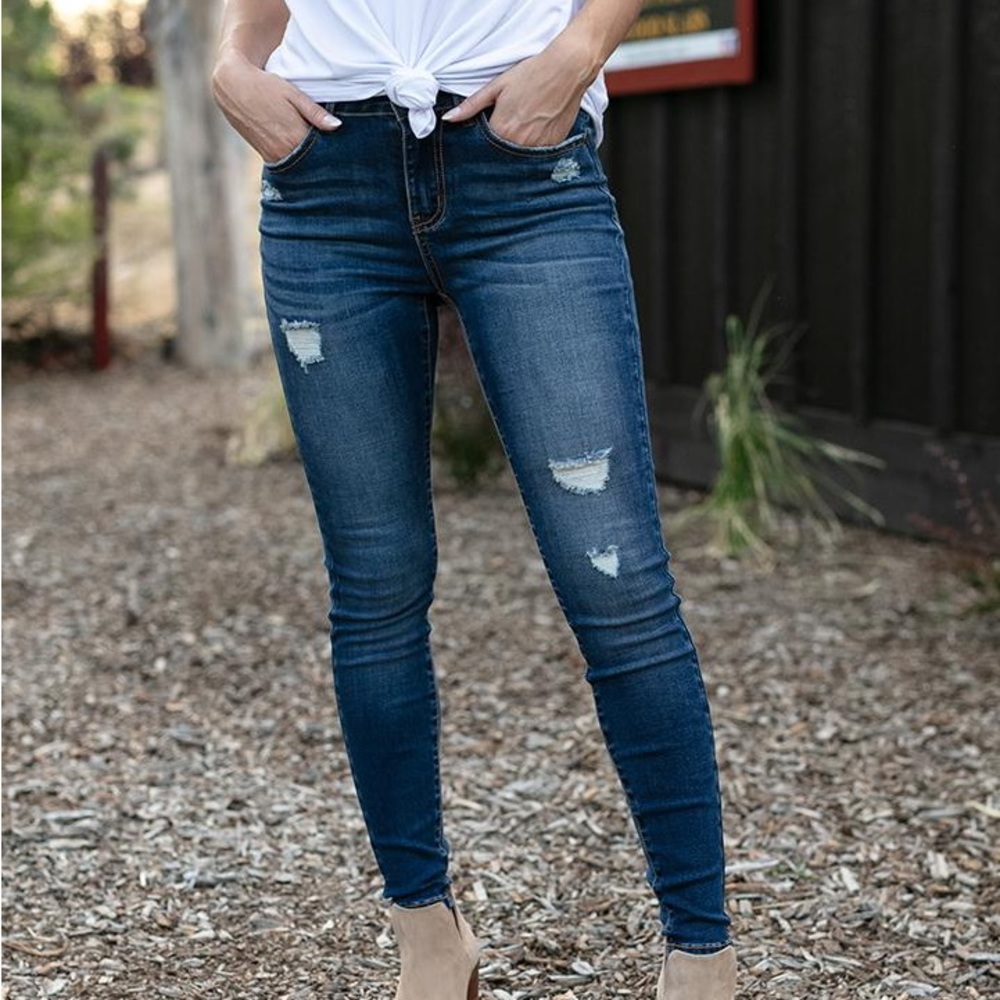Grace & Lace Repurposed Lightly Distressed Denim in Dark Mid-Wash
